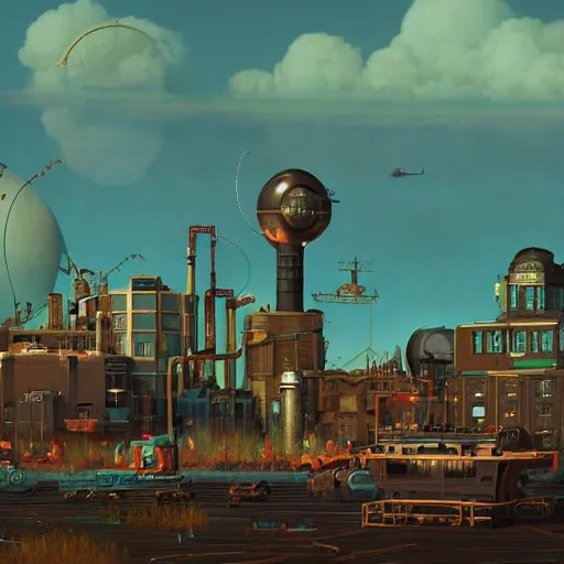 Image similar to Steampunk buildings with the sun shining through the clouds in the sea by Simon Stålenhag and Grant Wood,In style of Retro Futurism Art.hyper detailed,8K Resolution,unreal engine 5,epic lighting,Ray Tracing,highly realistic
