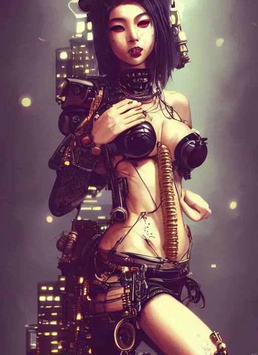 Image similar to soft lustrous ebony geisha seductive raver gutter punk steampunk cyborg, yakuza, golden ratio, details, scifi, fantasy, cyberpunk city, intricate, decadent, highly detailed, octane render, digital painting, artstation, concept art, sharp focus, illustration, art by artgerm, loish, wlop