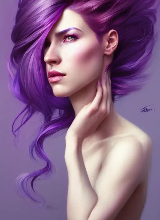 Image similar to Portrait of a woman with bright colored flying hair, all shades of purple. Hair coloring, amber eyes, face, long hair, fantasy, intricate, elegant, highly detailed, digital painting, artstation, concept art, smooth, sharp focus, illustration, art by artgerm and greg rutkowski and alphonse mucha