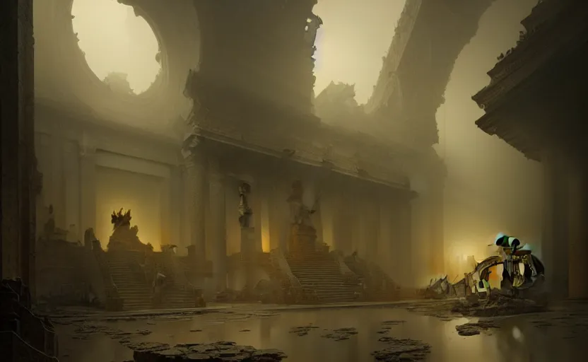 Prompt: The interior of an mytical and ancient temple dragons in ruins, atmospheric lighting, fog, mysterious, arem, intricate, elegant, volumetric lighting, digital painting, highly detailed, artstation, sharp focus, illustration, concept art, ruan jia, steve mccurry