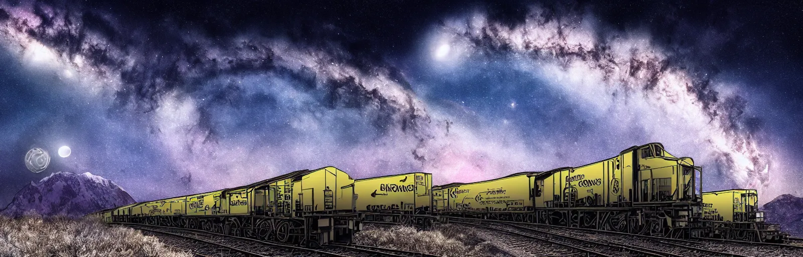 Image similar to Really long organic cronenberg rocket train scaling spiraling a towering mountain starry moonlit night sky, amazing digital art 4k