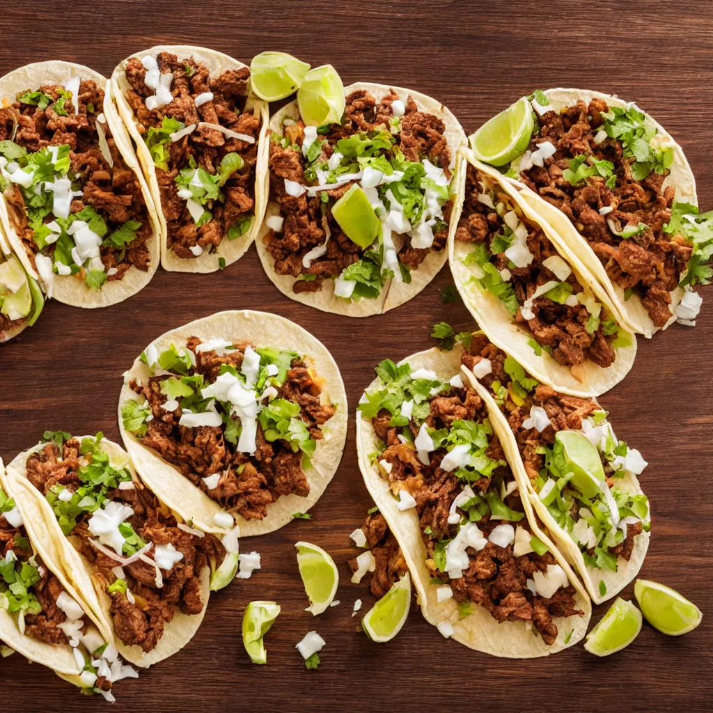 Prompt: close-up view of tacos on top of a wooden table, 8k, high detail, photorealistic, proper shading