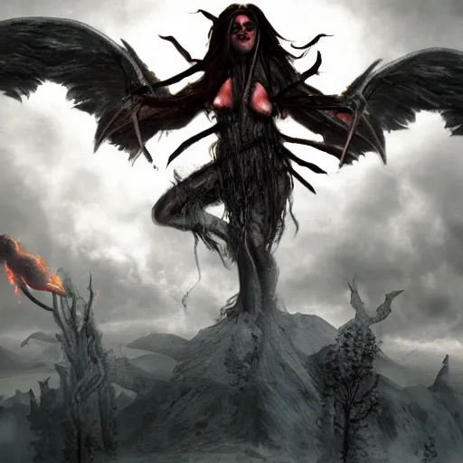 Image similar to an infernal demon, etheral, high detail, matte painting