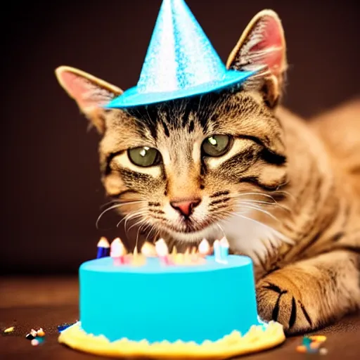 Prompt: photo of a cute happy cat with a party hat celebrating his birthday with a cake. highly - detailed, sharp focus, award - winning