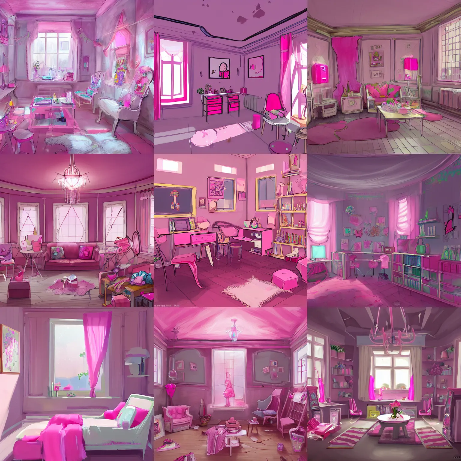 Prompt: interior of girl's adormitory decorated with pink items, concept art, drawn by greatest artist on artstation.
