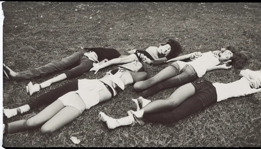 Prompt: A burnt! polaroid photograph of some 70s teenagers lays on the ground