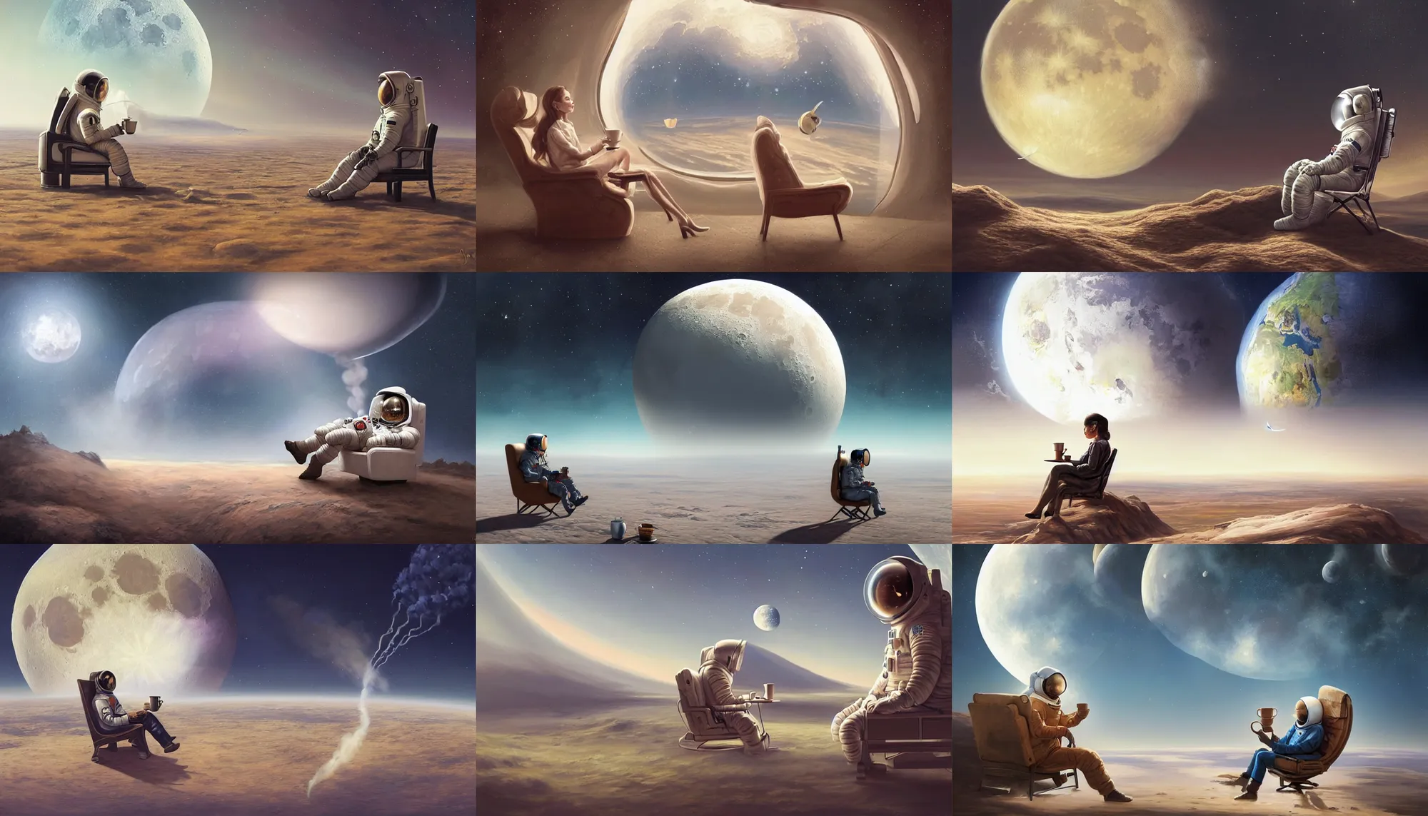 Prompt: beautiful painting of astronaut sitting in armchair at moon ground with cup of coffee with steam looking at far earth, wide shot, digital painting, intricate details, trending on artstation, concept art, octane render, realistic, highly detailed, smooth, sharp focus, beautiful, 4 k, 8 k, hd, art by charlie bowater and artgerm and greg rutkowski