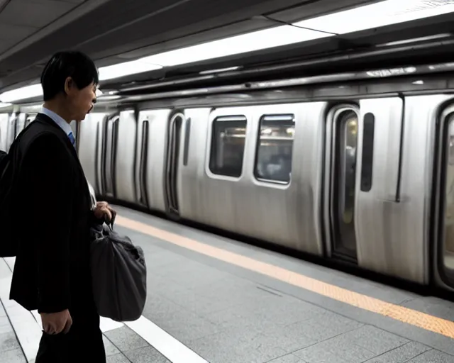Prompt: a lonely weary business man taking the subway home after a late night at the office in japan