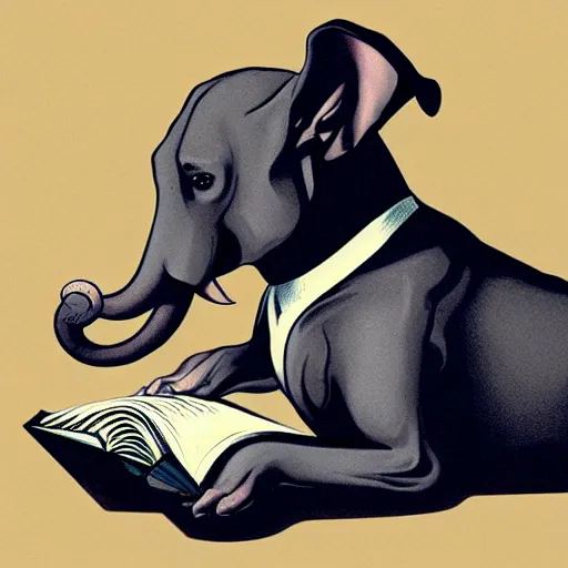 Image similar to A gray pit bull dog with elephant ears reading a book. Illustration