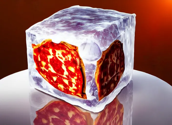 Image similar to clear highly detailed photorealistic food photograph of a big ice cube with a pizza frozen inside the cube with salami pepperoni, the cube refracts the sunlight, volumetric, the ice cubes laying on marvel stone