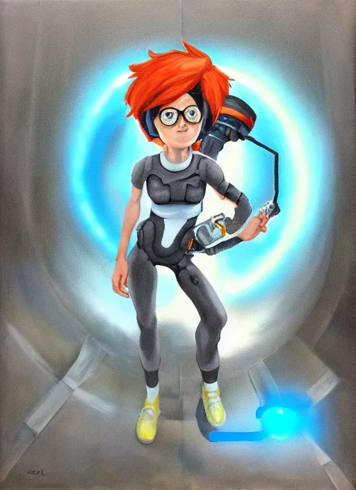 Image similar to full body oil painting of the character tracer holding a portal gun standing in a portal 2 test chamber, valve,