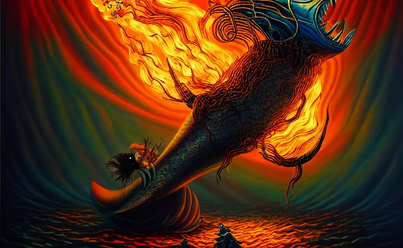 Image similar to mysterious bestiary of wild emotion monsters repressed in the deep sea of unconscious of the psyche lead by baba yaga, about to rip through and escape in a extraordinary revolution, dramatic fire glow lighting, surreal painting by ronny khalil