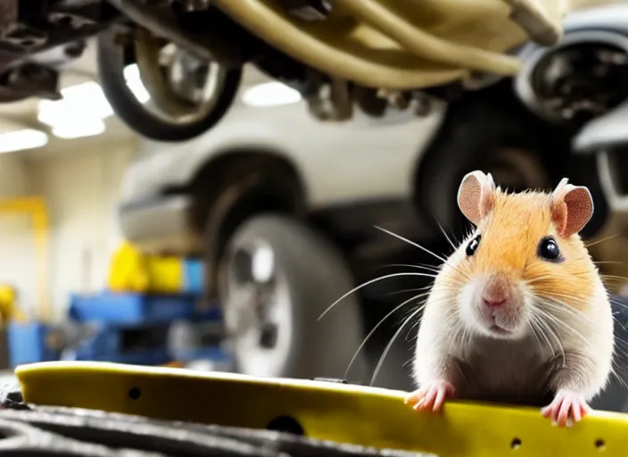 Image similar to film still of a hamster working as a mechanic in an auto shop, 8 k