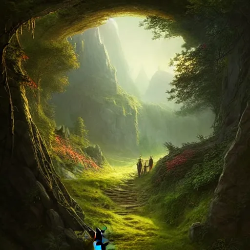 Image similar to beautiful matte painting by arthur gurin concept art of archway fantasy path into the mountainous sloping meadow and slightly forested background void of people, atmospheric lighting, painted, intricate, volumetric lighting, beautiful, rich deep colors masterpiece, sharp focus, ultra detailed by