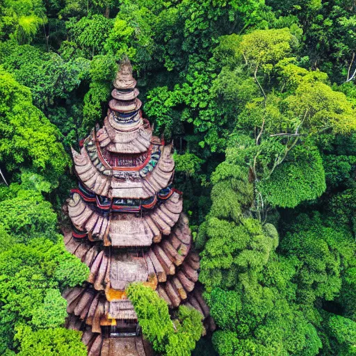 Prompt: aerial hd photograph of indonesian tribe in jungle with temple