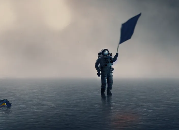 Image similar to astronaut holding a flag in an underwater desert. a submarine is visible in the distance. dark, concept art, cinematic, dramatic, atmospheric, 8 k, trending on artstation, blue, fish, low visibility, fog, ocean floor, christopher nolan, interstellar