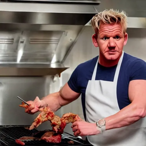 Image similar to photo of gordon ramsay cooking muppet meat