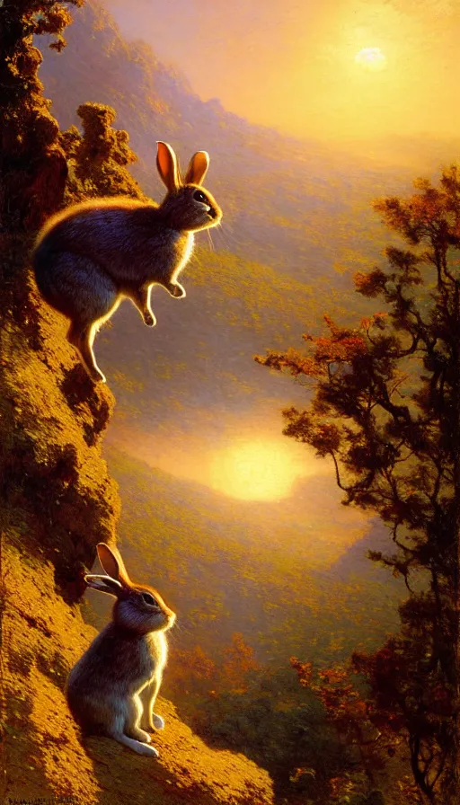 Image similar to hyper realistic rabbit looking off of a cliff, sun setting behind rabbit, lush forest in valley below, painted by gaston bussiere, craig mullins, j. c. leyendecker 8 k