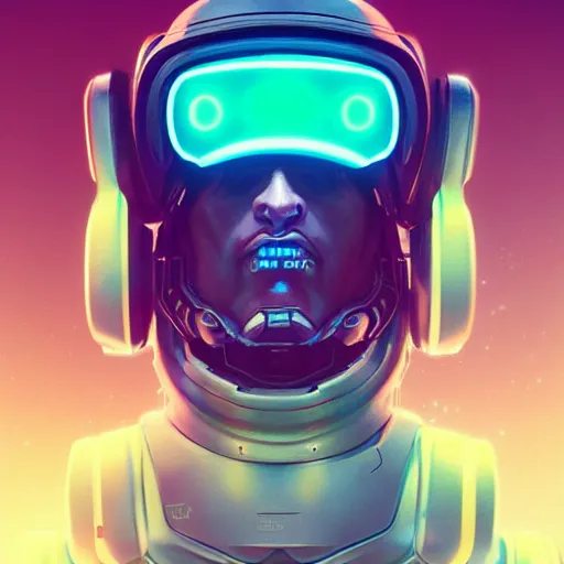 Image similar to cyberpunk concept bot, cinema 4 d, galaxy, ufo, space sci - fi, wearing vr goggles, illustration, portrait, pastel neon textured background night, trending on artstation, greg rutkowski, octane rendered, 1 2 k, detailed,