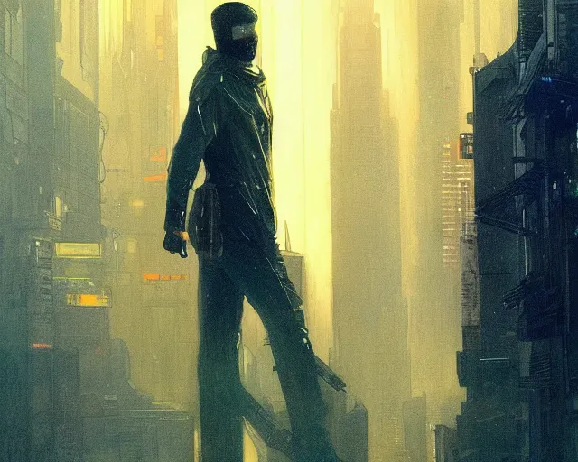 Prompt: 2 0 1 8 blade runner movie still clint eastwood look at the cityscape from roof perfect face fine realistic face pretty face reflective polymer suit tight neon puffy jacket blue futuristic sci - fi elegant by denis villeneuve tom anders zorn hans dragan bibin thoma greg rutkowski ismail inceoglu illustrated sand storm alphonse mucha