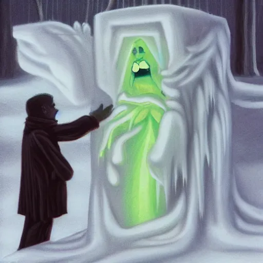 Image similar to ghostly powerpuff girls, ice carving by george tooker. a street art of a man caught in a storm, buffeted by wind & rain. he clings to a tree for support, but the tree is bent by the force of the storm. he is soaking wet. his face is contorted with fear & effort.