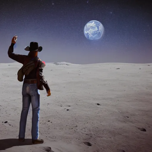 Image similar to cowboy on the moon, standing pose, planet earth background, photorealistic, octane render, blender render, unreal engine