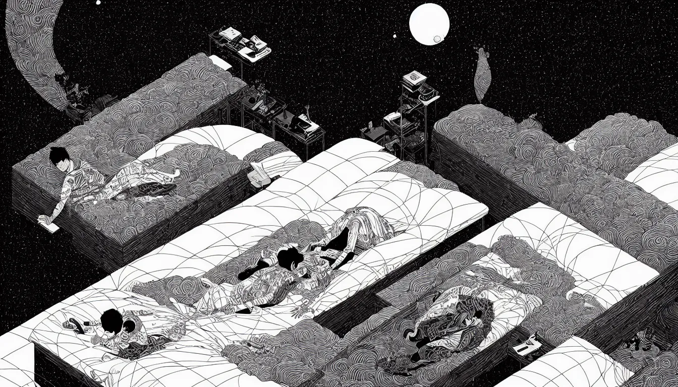 Image similar to laying in bed by nicolas delort, moebius, victo ngai, josan gonzalez, kilian eng