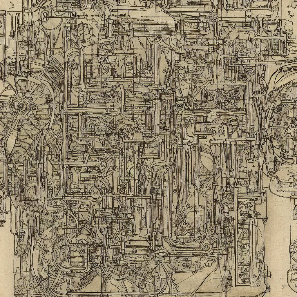 Image similar to close - up on detailed, intricate technical drawings from 1 8 4 0 with extensive written labels and covered in scribbled pencil notes, for a mechanical display attachment to babbage's difference engine, showing a screen playing tetris