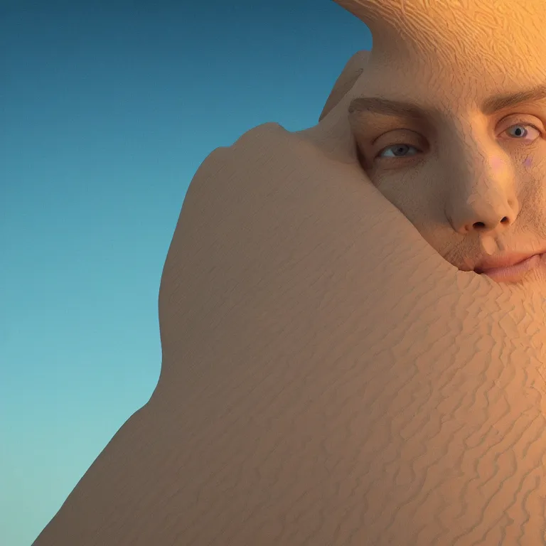 Image similar to octane render portrait by wayne barlow and carlo crivelli and glenn fabry, a beautiful symmetrical human face face inside of a gigantic huge colorful sand dune, inside a giant beautiful dessert at goldenhour, light beams, cinema 4 d, ray traced lighting, very short depth of field, bokeh