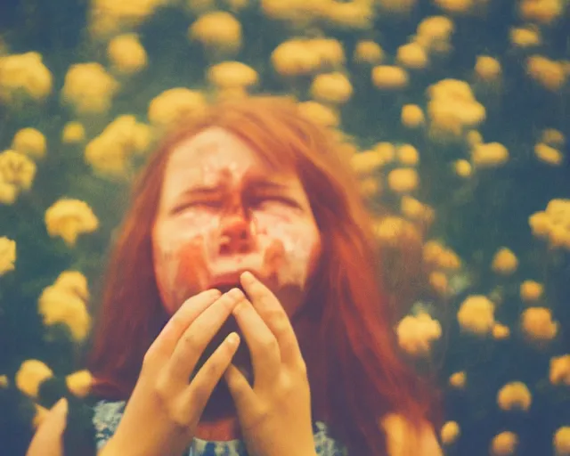 Prompt: oversaturated, burned, light leak, expired film, photo of a girl crying crowded by busy flowers