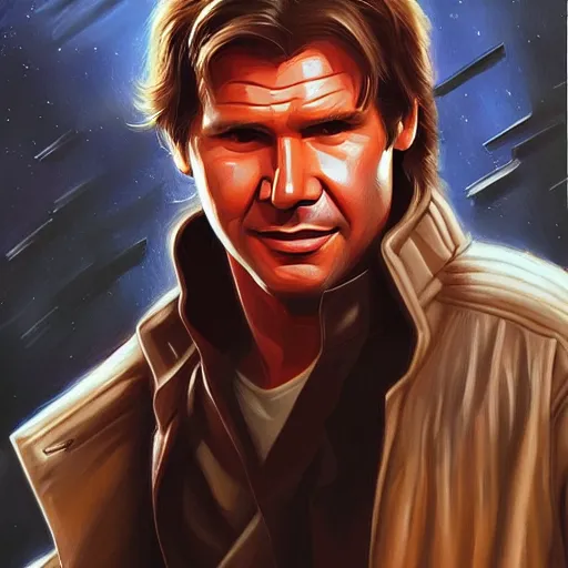 Prompt: old harrison ford as han solo, oil painting, artgerm, portrait, highly detailed, artstation