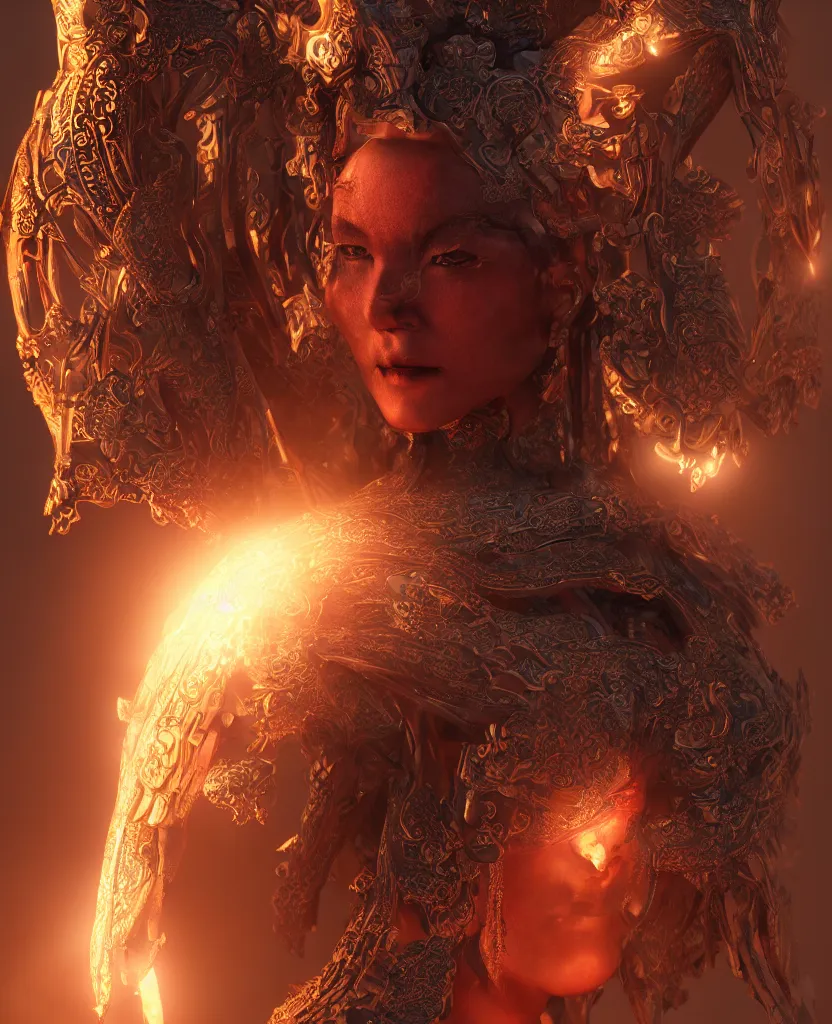 Image similar to ancient mongolian evil goddess portrait. burning magical halo. cinematic light. rendered in octane render. trending on artstation and cgsociety. depth of field. intricate ornaments