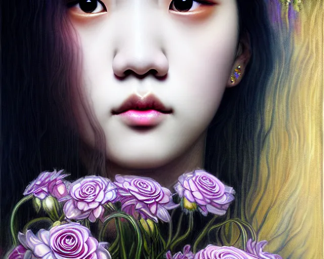 Image similar to jisoo from blackpink, portrait, rococo and art nouveau fusion, iridescent diaphanous refractive and reflective flower bouquet, tarot card, hyperrealistic, highly detailed, deep focus, intricate, elegant, digital painting, smooth, sharp focus, illustration, ultra realistic, 8 k, art by karol bak and agnes cecile