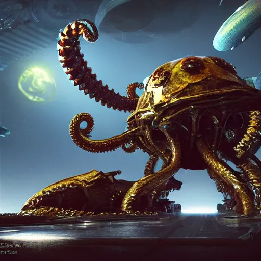 Prompt: a biomechanical space kraken eating a huge spaceship, hype realistic, volumetric lighting, cosmic horror, Art station, Octane render, Unreal Engine 3D