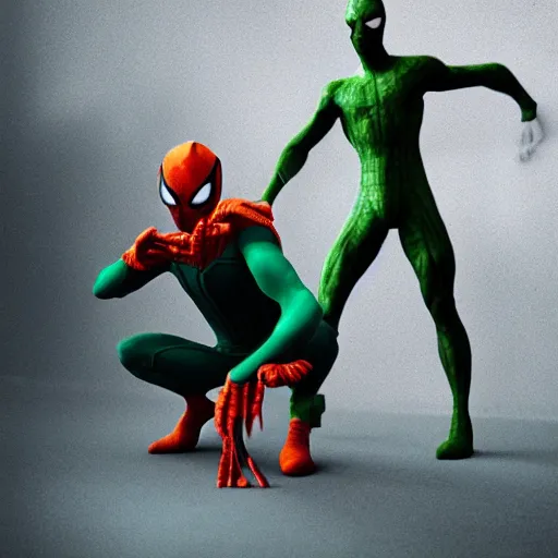 Image similar to moody atmospheric render of an orange and green spiderman by wlop made with unreal engine