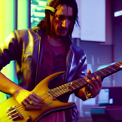 Prompt: John frusciante playing his guitar hyperdetailed photorealism Cyberpunk 2077 unreal engine 5 4k very high quality