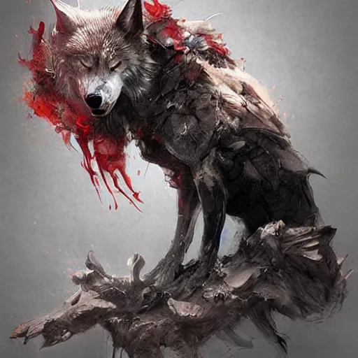 Prompt: ellen jewett, mysterious wolf with red eyes, concept art,