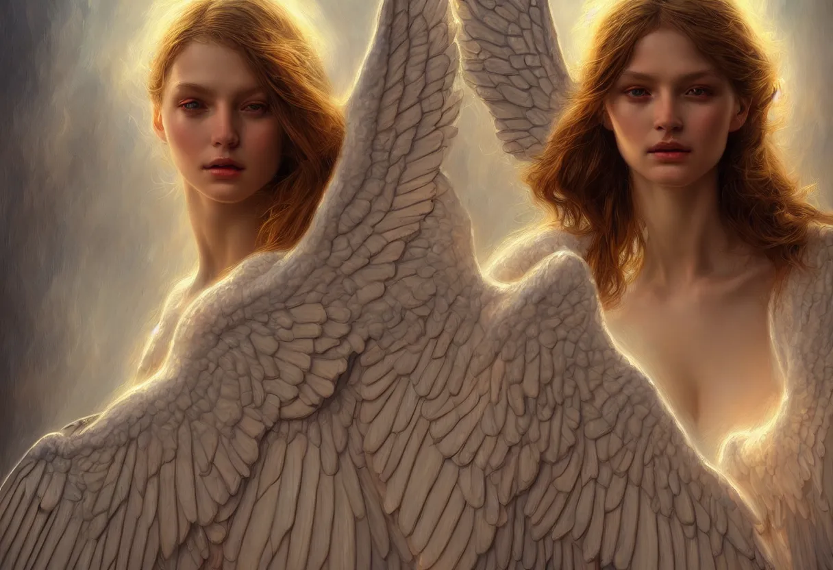 Prompt: detailed portrait of an angel spread wings, diffuse lighting, scifi fantasy, intricate, highly detailed, lifelike, photorealistic, digital painting, artstation, illustration, concept art, smooth, sharp focus, art by john collier and albert aublet and krenz cushart