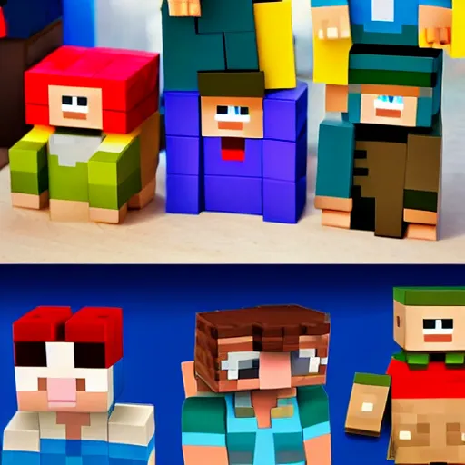 Prompt: block figures looking like roblox figures or minecraft players, playing with a computer in a block world, having fun in the sun, bright and fun colors