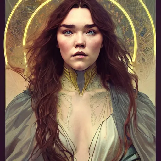 Image similar to Florence Pugh as a fantasy sorceress, D&D, fantasy, intricate, elegant, highly detailed, digital painting, artstation, concept art, matte, sharp focus, illustration, art by Artgerm and Greg Rutkowski and Alphonse Mucha