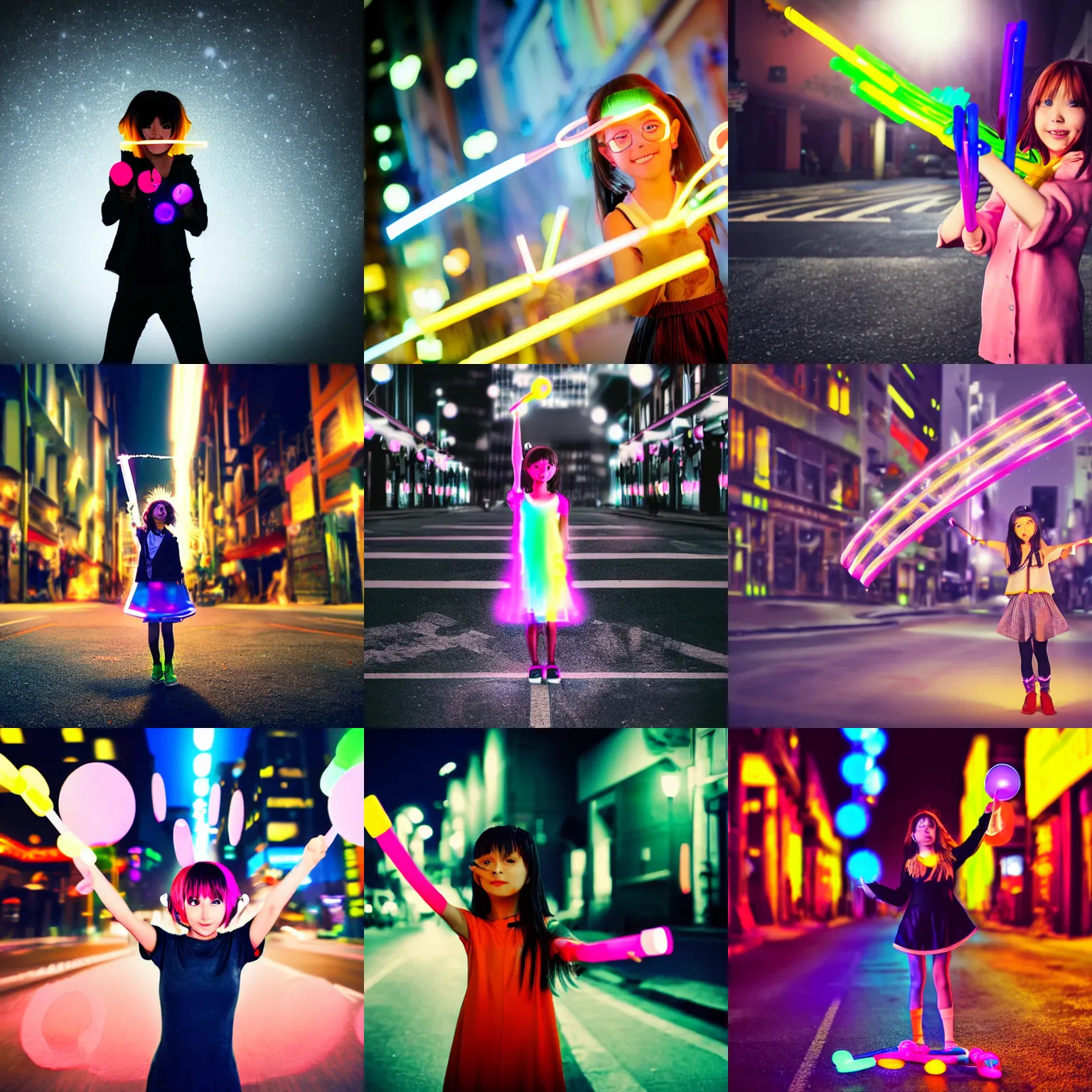 Prompt: anime slow shutter speed anime portrait of curious cartoon girl standing in city street waving glow sticks. in style of akira