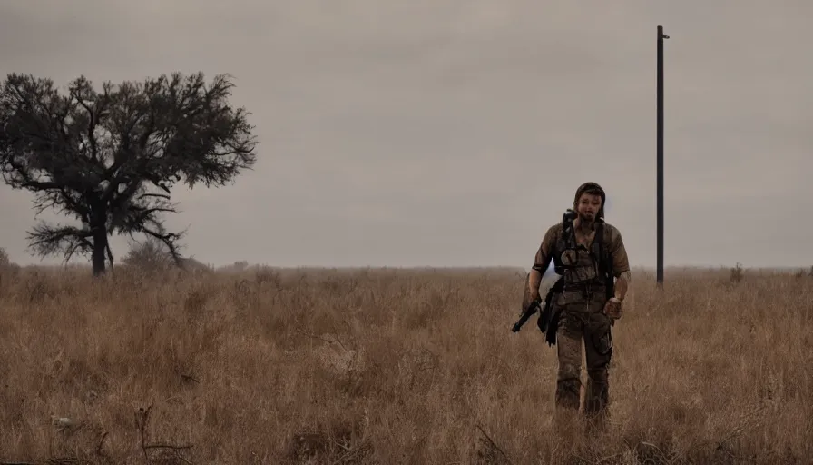 Prompt: movie screenshot. lone survivor man holding walkie - talkie in post - apocalyptic nature landscape, movie poster, shallow depth of field, cinematic. cinematic composition