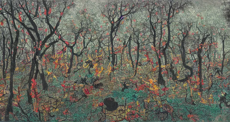 Image similar to Enchanted and magic forest, by Zeng Fanzhi