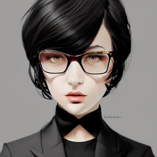 Image similar to girl in tuxedo with black chaotic wavy short haircut, elegant, 2d, ultra highly detailed, digital painting, smooth, sharp focus, artstation, art by Ilya Kuvshinov