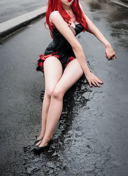 Image similar to pinup asuna from sao sitting on top of a wet sidewalk, a photo by rodolfo escalera, unsplash, hypermodernism, ominous vibe, ominous, apocalypse landscape