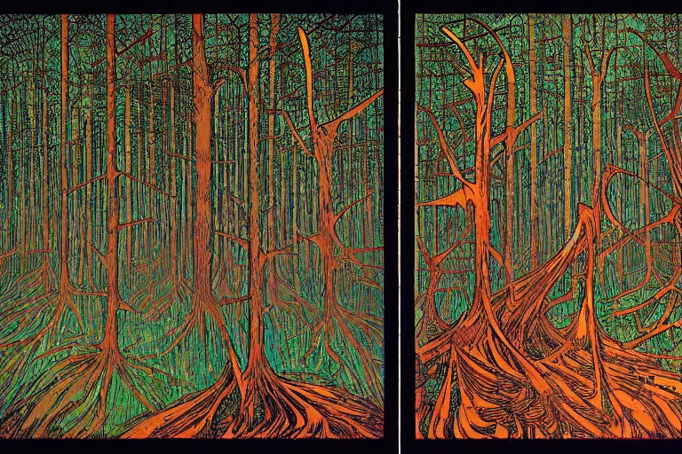 Image similar to spirit forest, by dan mumford and by alberto giacometti, peter lindbergh, malevich, william stout