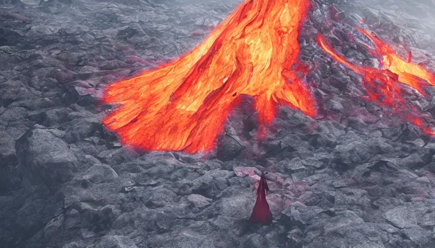 Image similar to A designer fashion Catwalk on a active volcano with lava, Fashion Photography, Octane, Redshift, High Detail