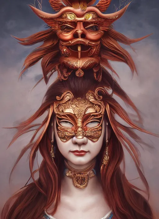 Image similar to a beautiful detailed oil on copper art illustration of a japanese tengu mask woman, centered, by charlie bowater, zeng fanzh, trending on artstation, dim dusk lighting, cinematic lighting, detailed lighting, volumetric lighting, realistic, f 8, 4 k hd wallpaper