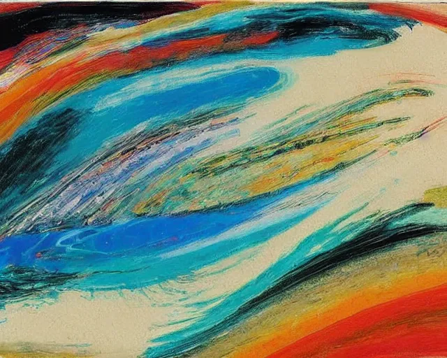 Image similar to Ocean waves in a psychedelic dream world. DMT. Curving rivers. Craggy mountains. Landscape painting by Wayne Thiebaud. Zao Wou-ki. Minimalist.