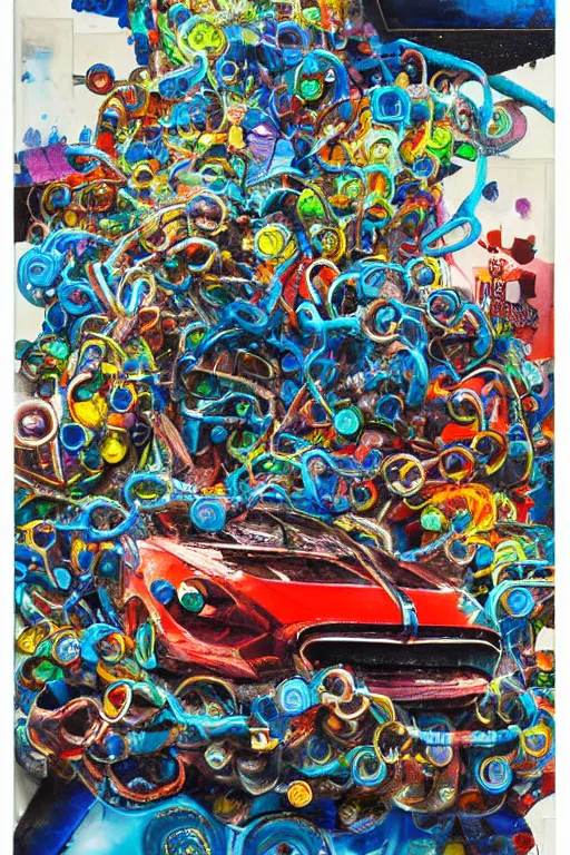 Image similar to car wash, big chain, collage, acrylic on canvas, expressionism movement, breathtaking detailed, by blake neubert